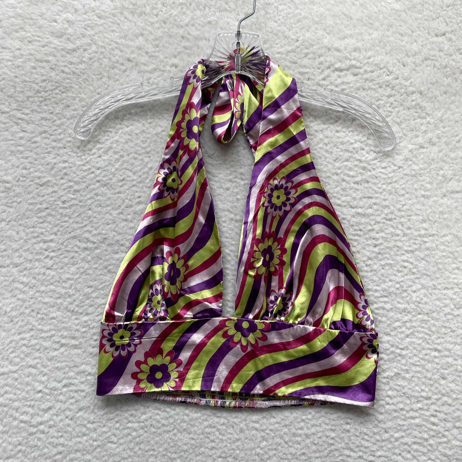 Y2K Vintage Halter Crop Top Large Floral Satin Groovy Psychedelic Rave Festival