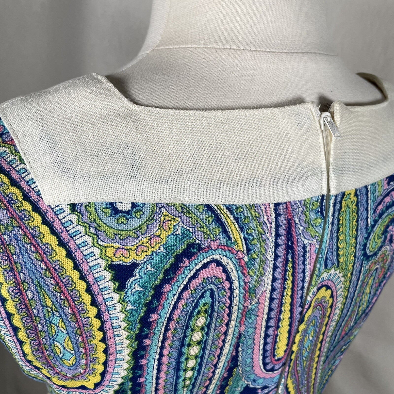 Paisley Shift Dress Vintage 1960s XS Sleeveless Blue Purple Yellow Handmade