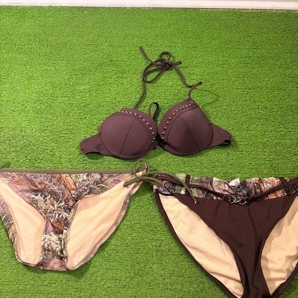 Vintage Y2K Women’s Camo Swim Suit Chocolate Brown Studded Bikini