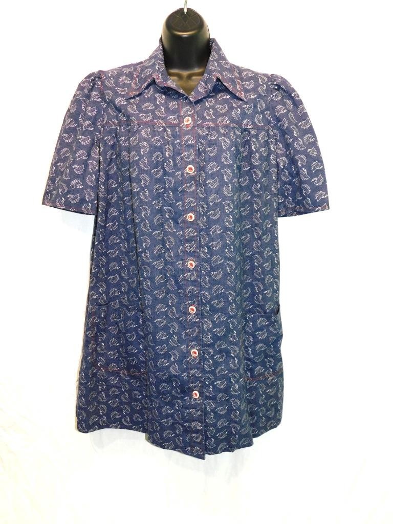 Vintage 70s XL Blue White Boat Print Tunic A Line Mini Shirt Dress Short Sleeve