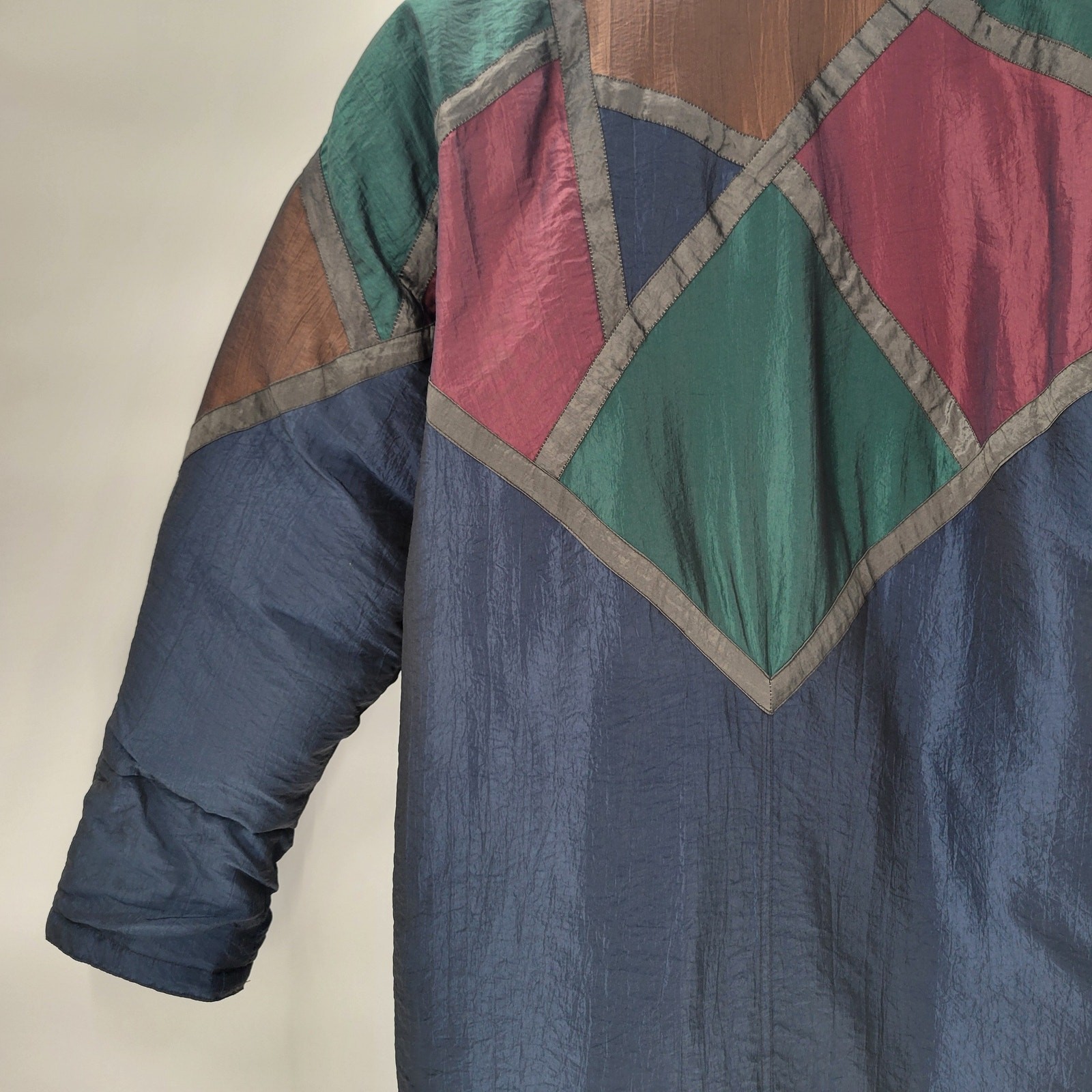 Vintage Down Fill Long Puffer Coat S Blue Red Geometric Colorblock High Collar