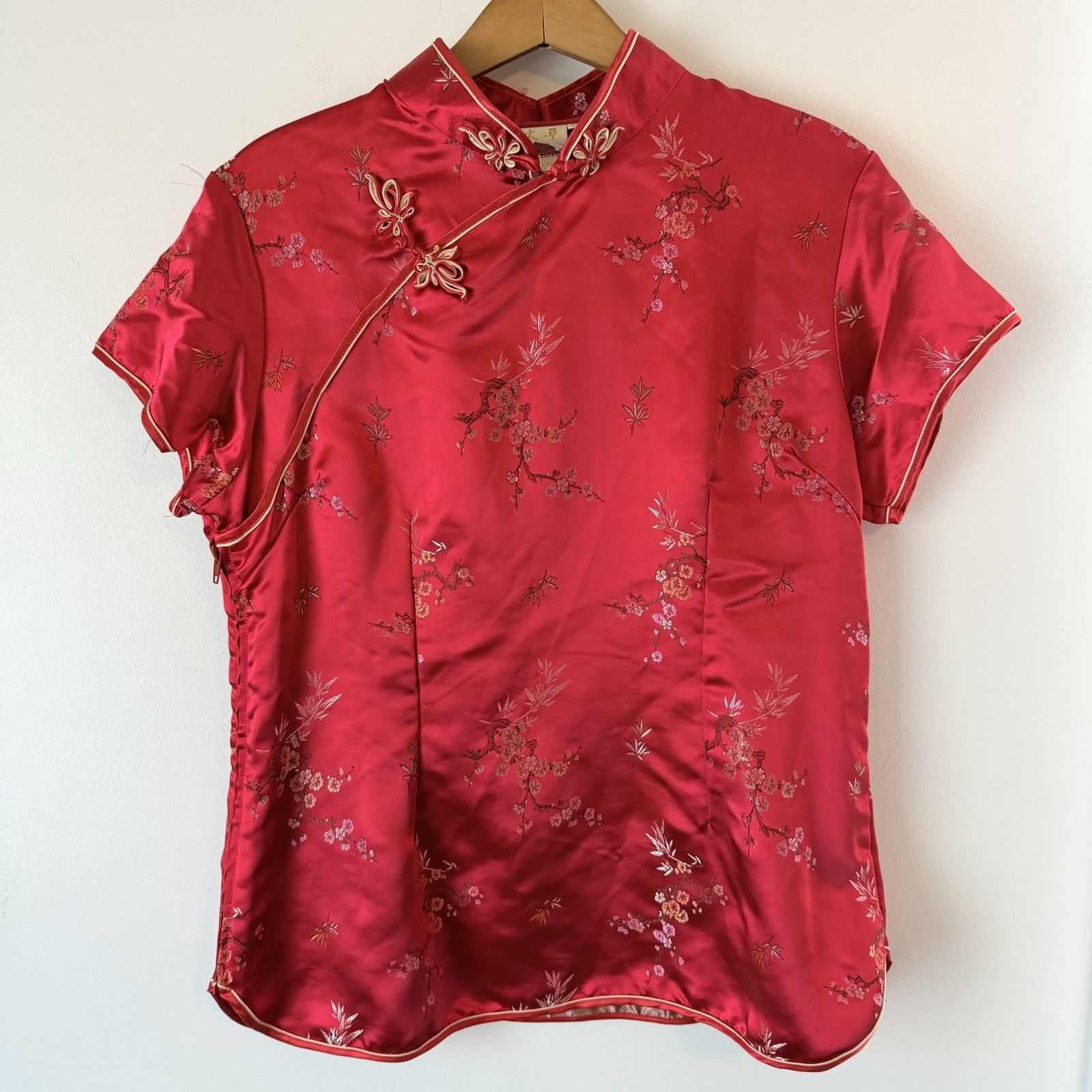 Vintage Red Chinese Qipao Cheongsam Satin Floral Top Women’s Size 42