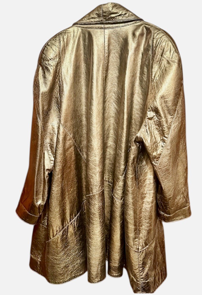VTG 80s Kanar Gold Lame Metallic Leather Swing Coat Hollywood Glam XL / 2XL