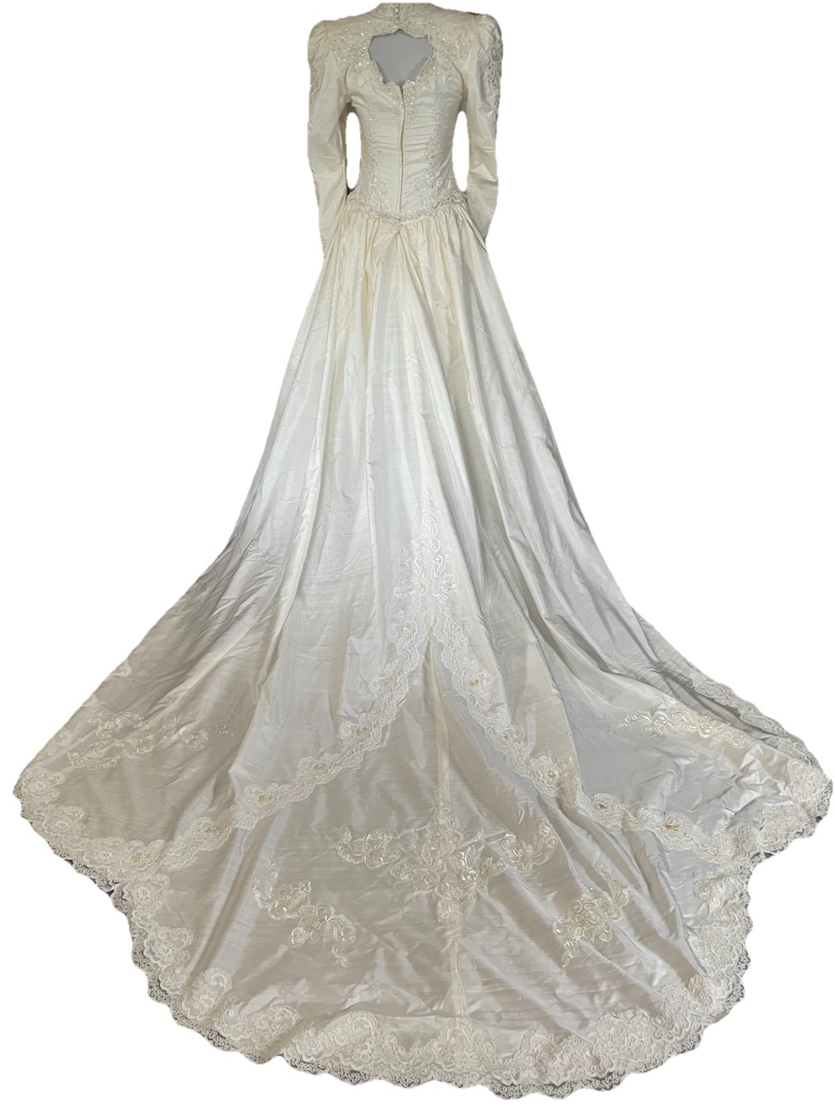 Vtg 80s Embellished Wedding Gown Sz 6 Ivory Floral Embroidery Removable Train