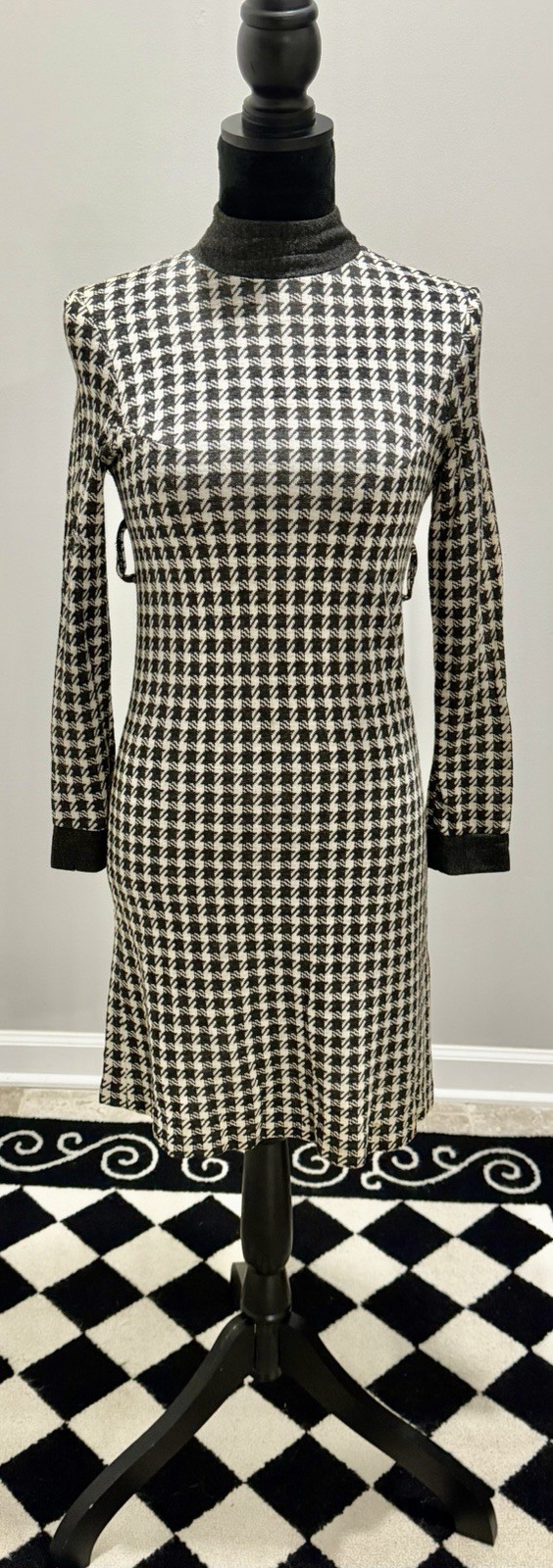 2 Vintage 1970s Women’s Dresses- Tan Terry Shirt Dress& Grey Houndstooth