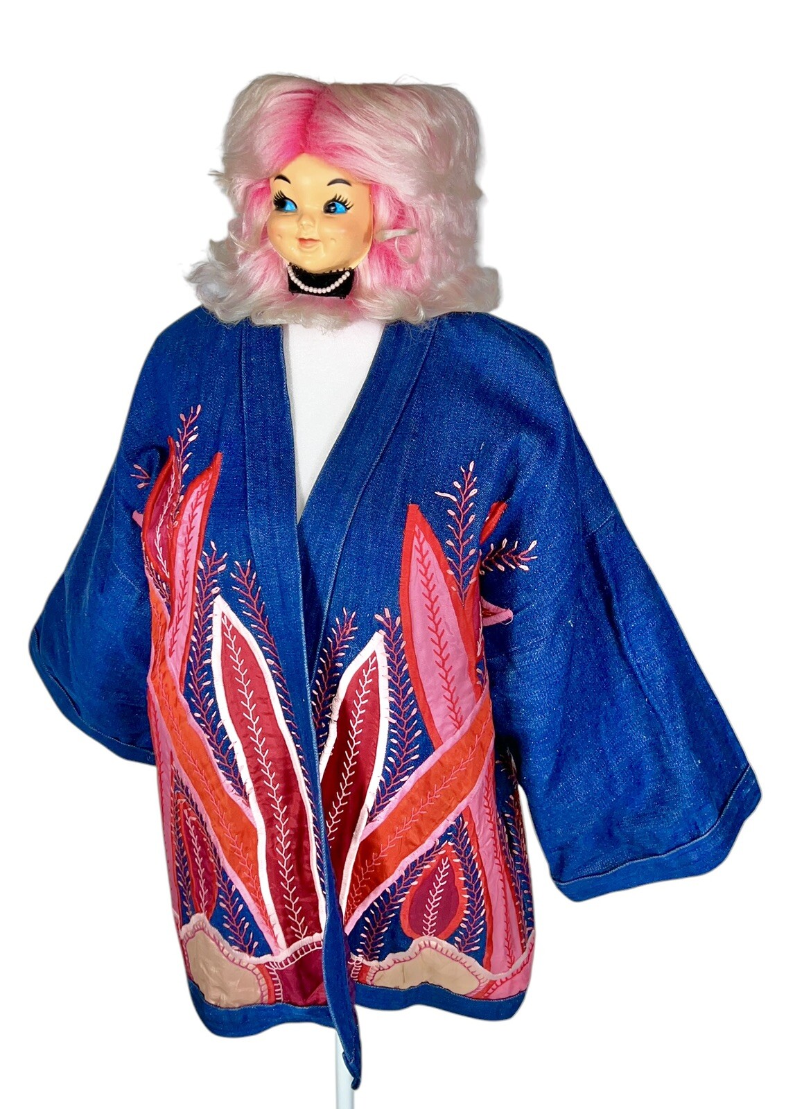 Vtg Judith Roberts La Coleccion Fiber Art Denim Kimono Coat Satin Snake Plants L