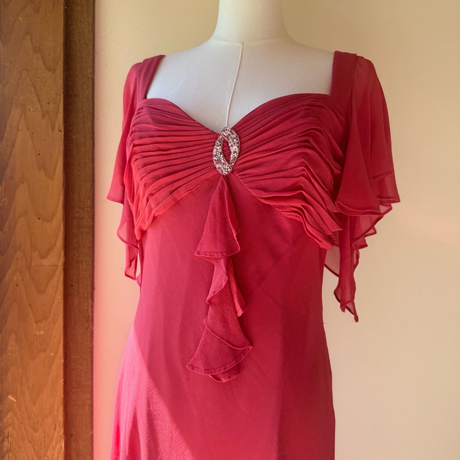 Vintage 100% Silk Dress Red Pink Beaded Flutter Sleeve Adrianna Papell