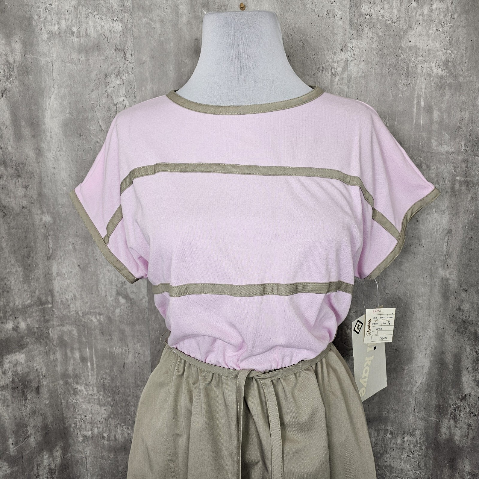 Vintage 80s Kelli Kaye Lilac Tan Midi Dress NWT USA 16 1/2 Pastel Soft Retro Mod