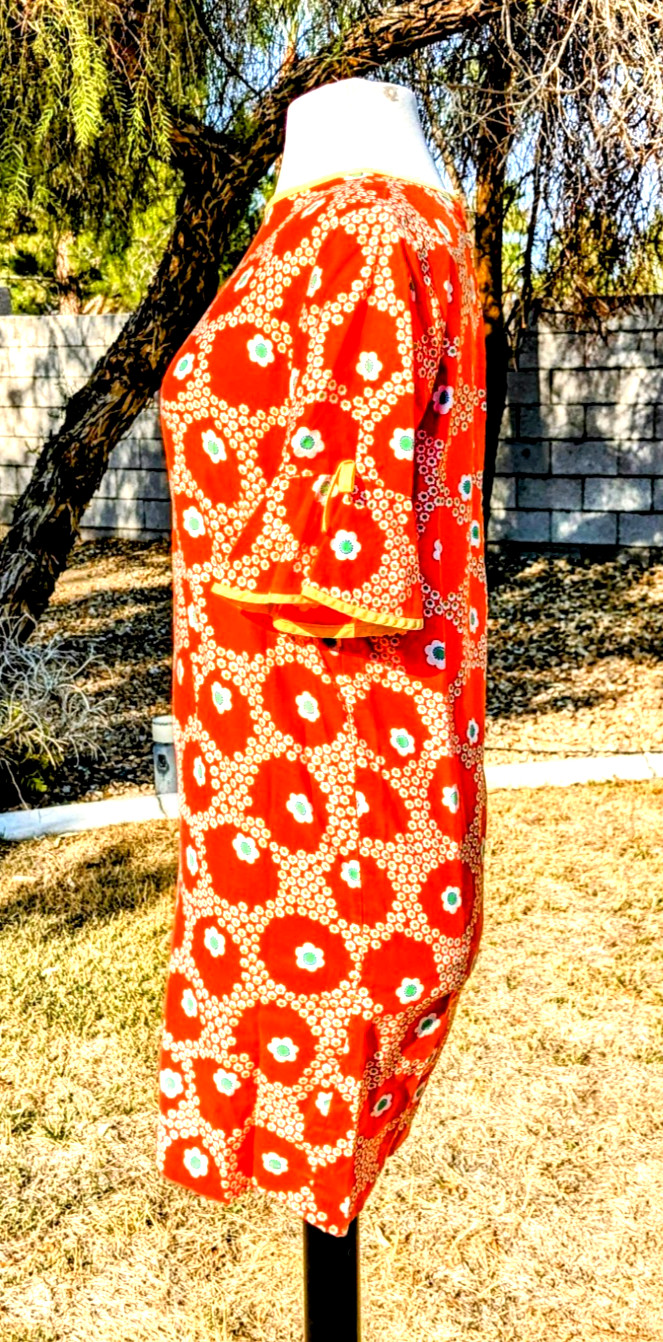 Vintage Custom Handmade Floral Coral Petite XS Mod 3/4 Sleeve Mini Zip Dress GUC