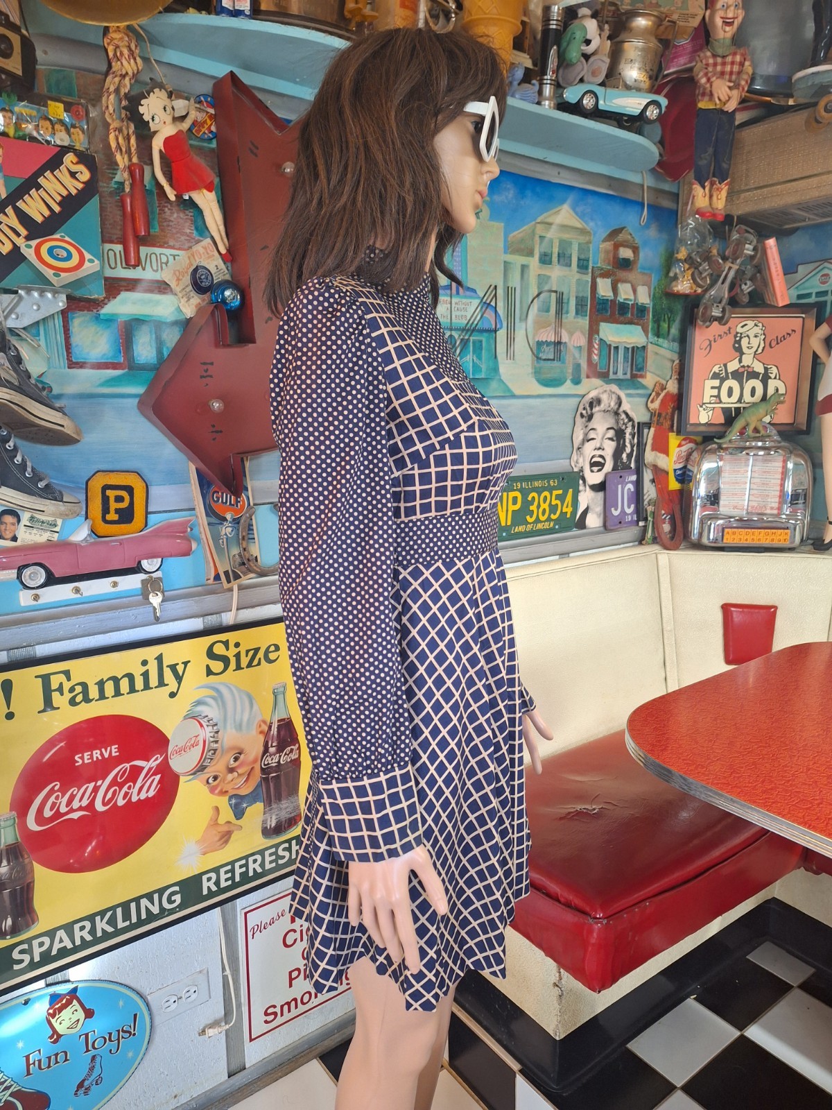 True VTG Mid-century Mod 1960s 70s High Neck Mini Dress Polka Dot Pinafore XS/S