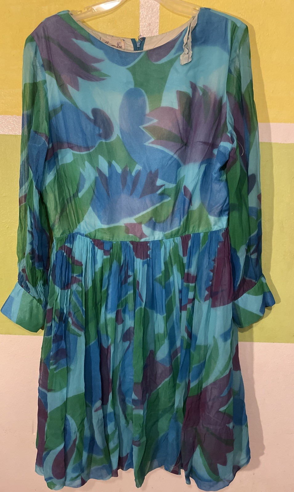 Vtg 60s Henry Lee Party Dress Sheer Layered L Mod Silk Chiffon 44b