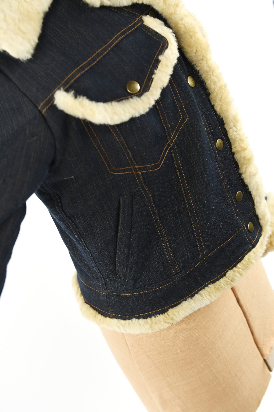 Vintage 90s French Dark Denim Faux Sherpa Princess Trim Bomber Coat Y2K Jacket M
