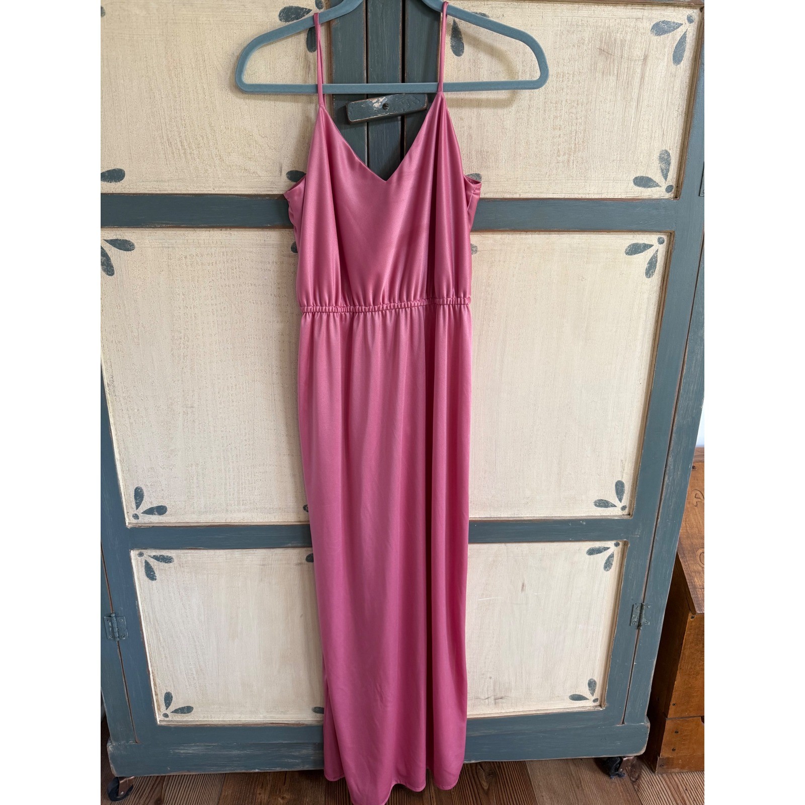 Vintage Pink Satin Maxi Dress V-Neck Spaghetti Strap Elastic Waist 11/12 Prom