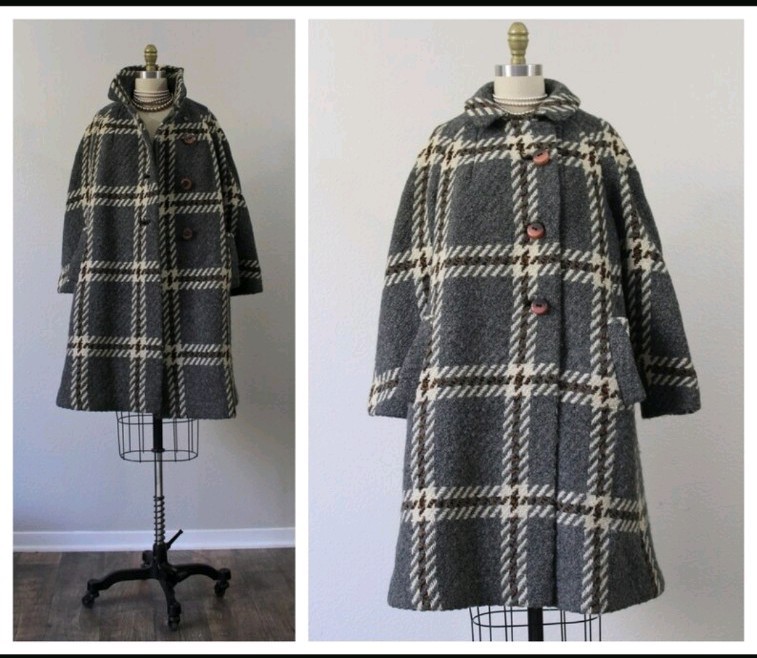 1950s VTG FAIRBROOKE Gray + Multi Color Plaid Wool Trapeze Button Down Car Coat