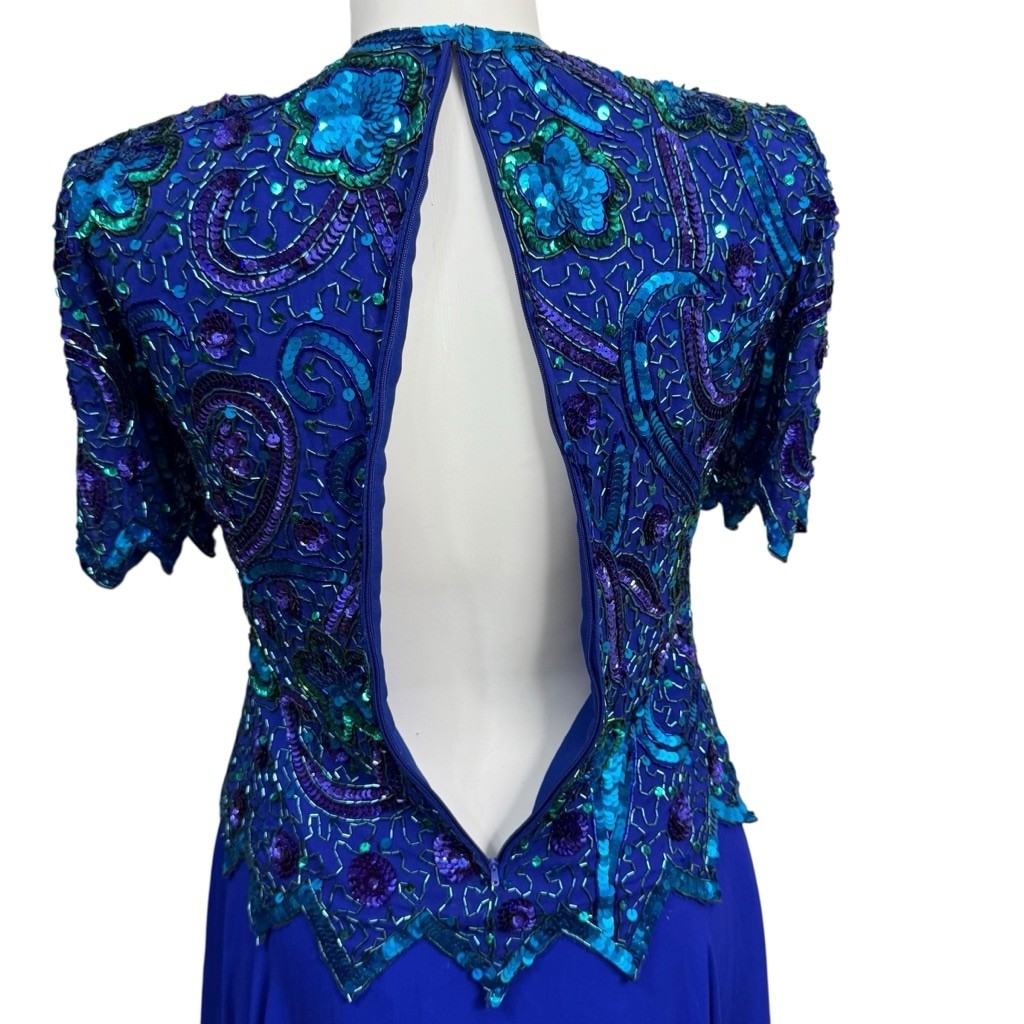Vintage Brilliante by J.A. Silk Beaded Sequin Evening Gown Blue Purple Green Wom