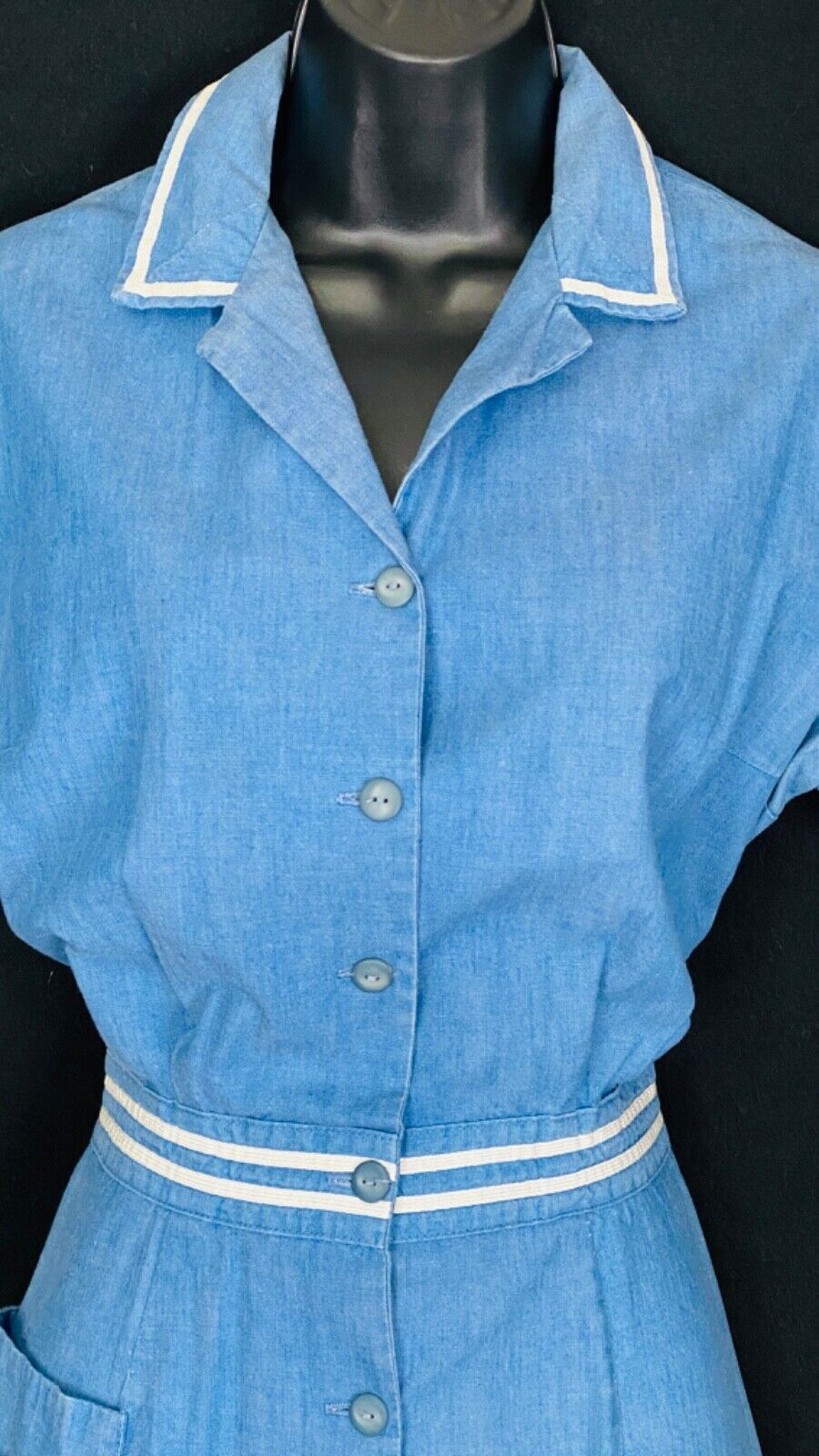 Vintage 1950s blue nautical dress, shirt cotton pin-up embroidered sailor M