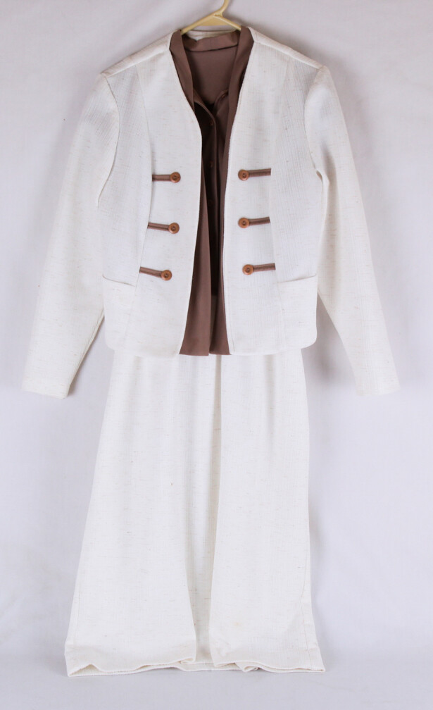 Vintage Dress and Jacket Set, White and Brown, by Berg-Ray Frocks, Size 12?
