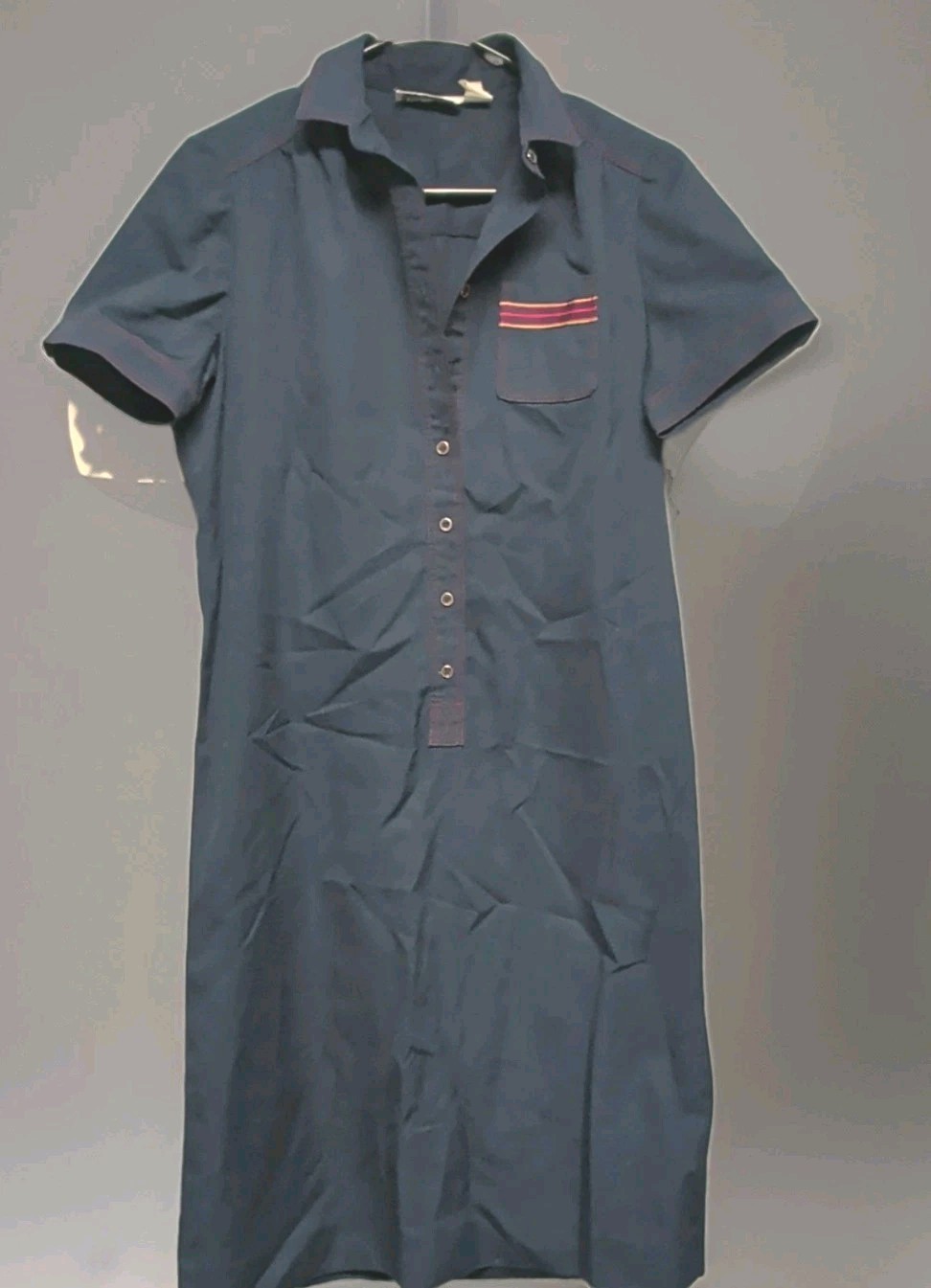 Vintage 70s Schrader Sport Navy Shirt Dress Contrast Stitch Sporty Ribbon Mod 12