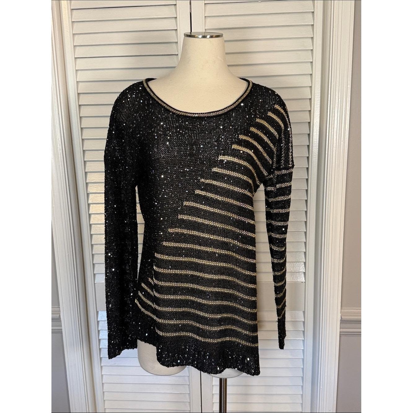 Vintage Escio Black Gold Sequin Striped Knit Sweater Size M 80s Glam Sparkle