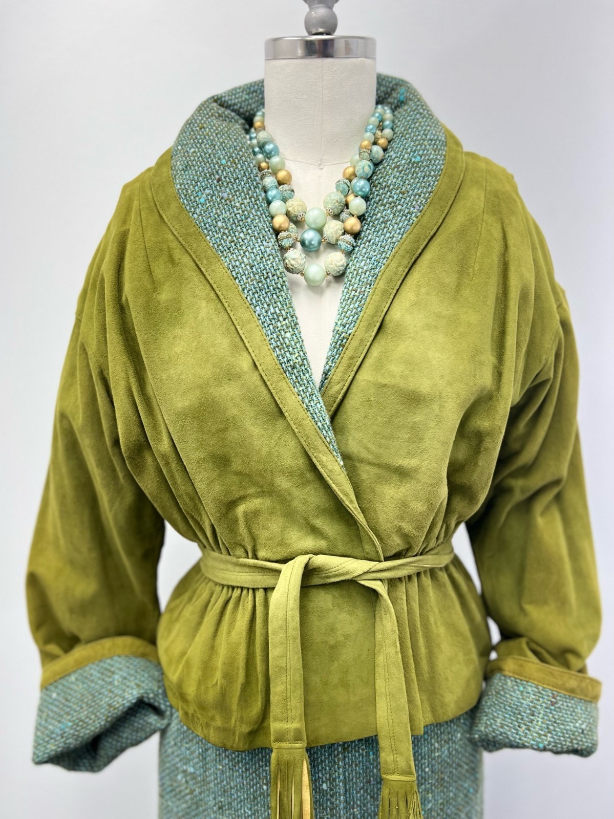 1960s VTG Leathervane Bonnie Cashin Designs 2pc Suit Pea Green Suede & Turq Wool