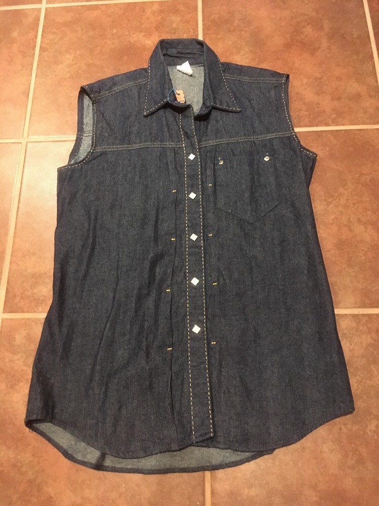 Vintage 70s 80s Denim Vest Pearl Snaps Gripper Zipper Dark Large Western Girl