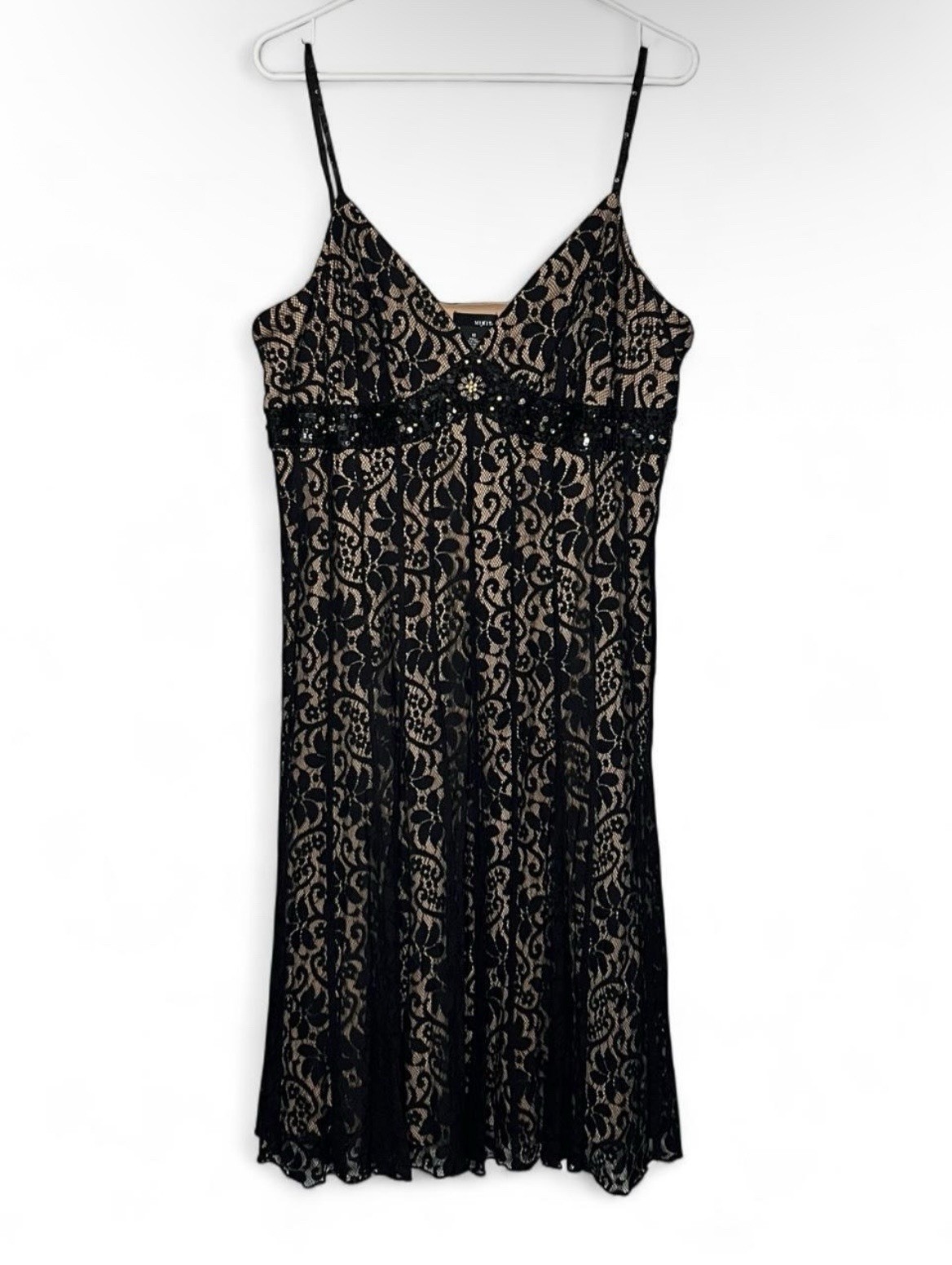 Vintage Black Lace Beaded Sequin Midi Dress Cocktail Party Sz 16