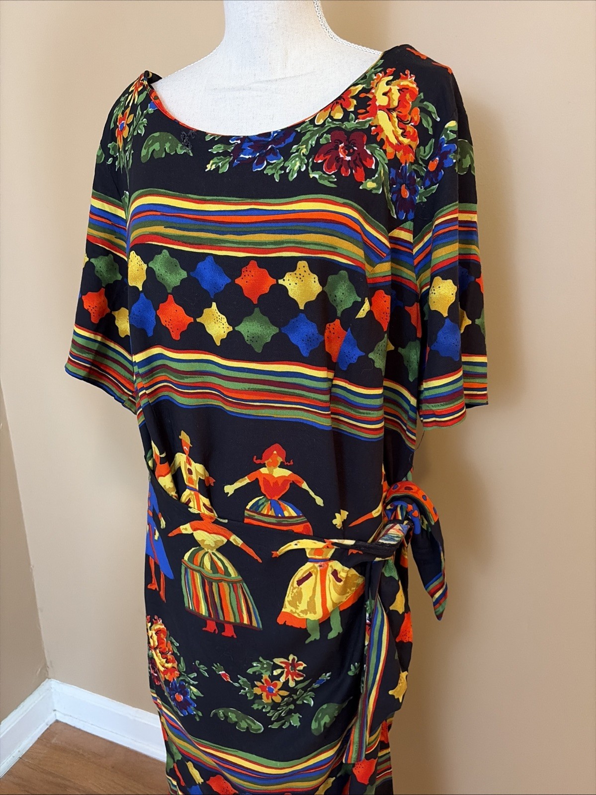 Vintage 80s 90s Ashley Stewart Size 18 Colorful Folk Art Sarong Wrap Dress
