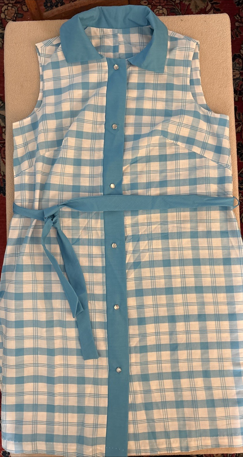 Vintage SEARS Perma Prest Aqua Check Plaid Front Snap House Dress Poly Cotton