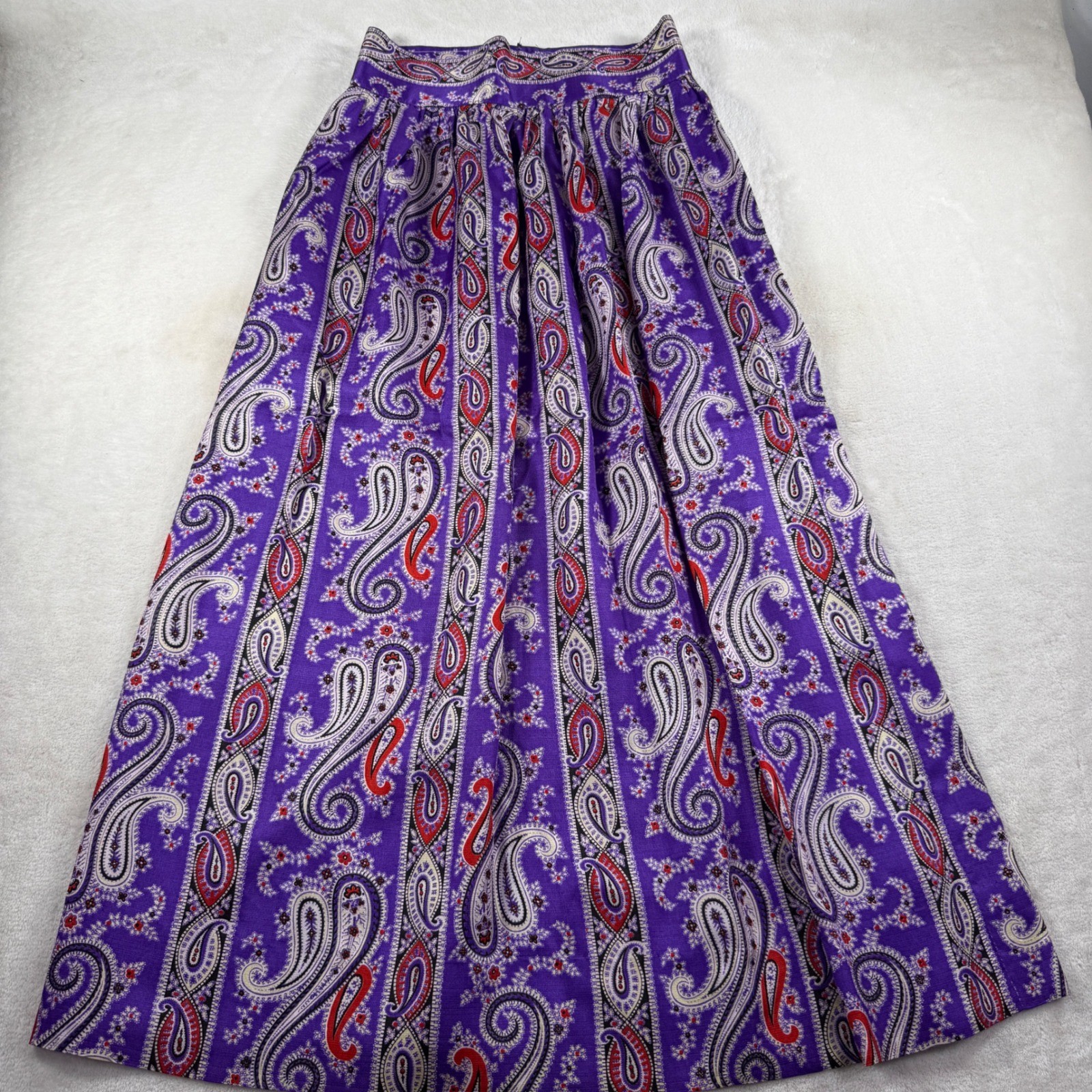 Vintage Purple Paisley Maxi Skirt Boho High Waist Full Length Retro Womens
