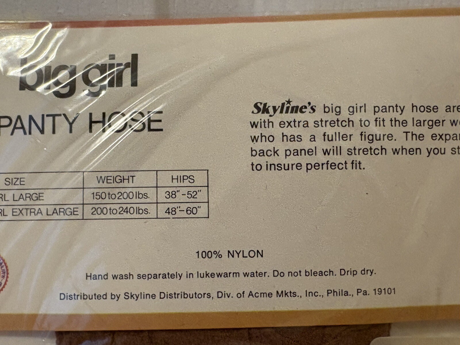 Skyline Big Girl Panty Hose Beige Panty Hose 780-095 XL 200-240lbs Hips 48”-60”