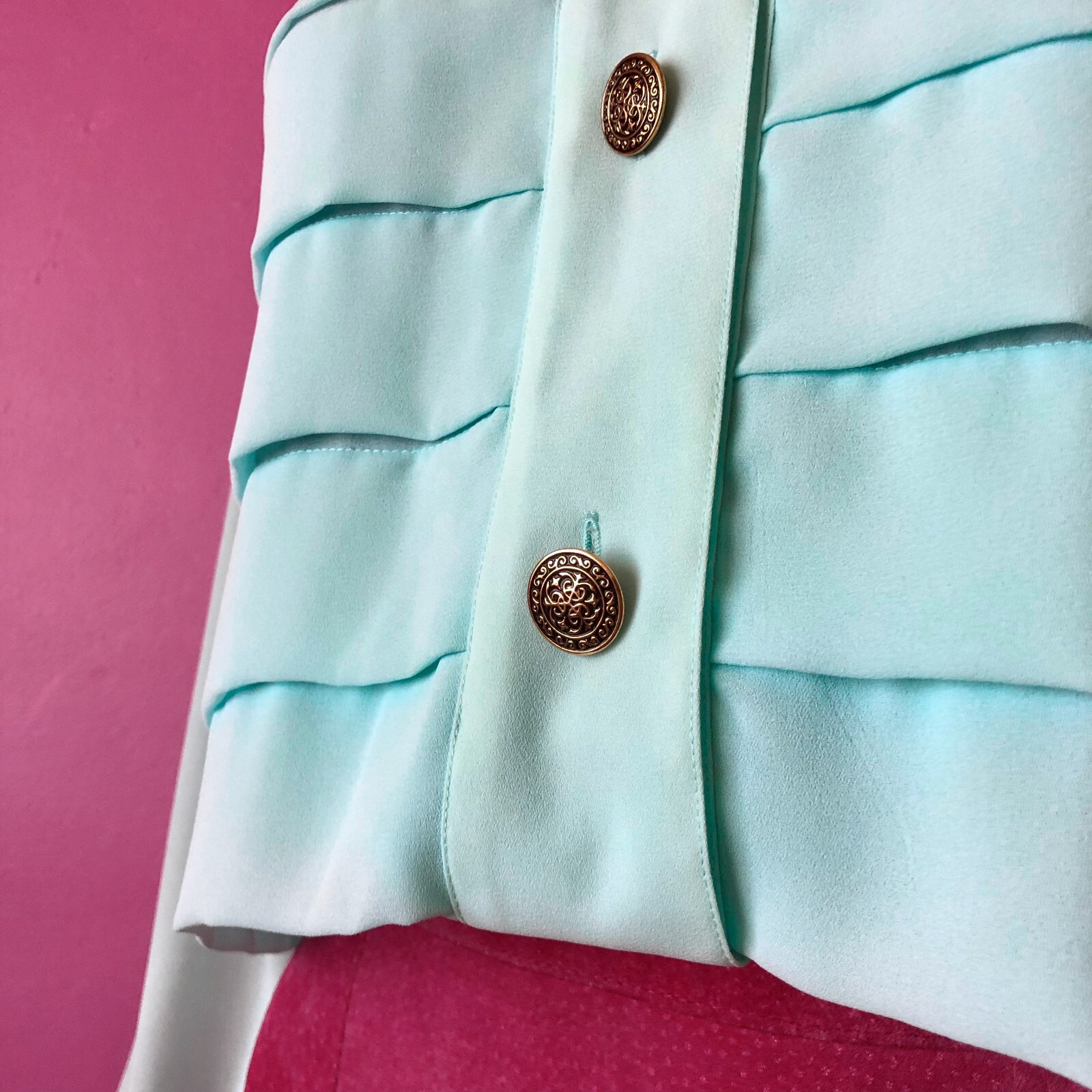 Vintage 80s M/L Chiffon Blouse Aqua Pastel Bill Blass Pleat Gold Button Down Top