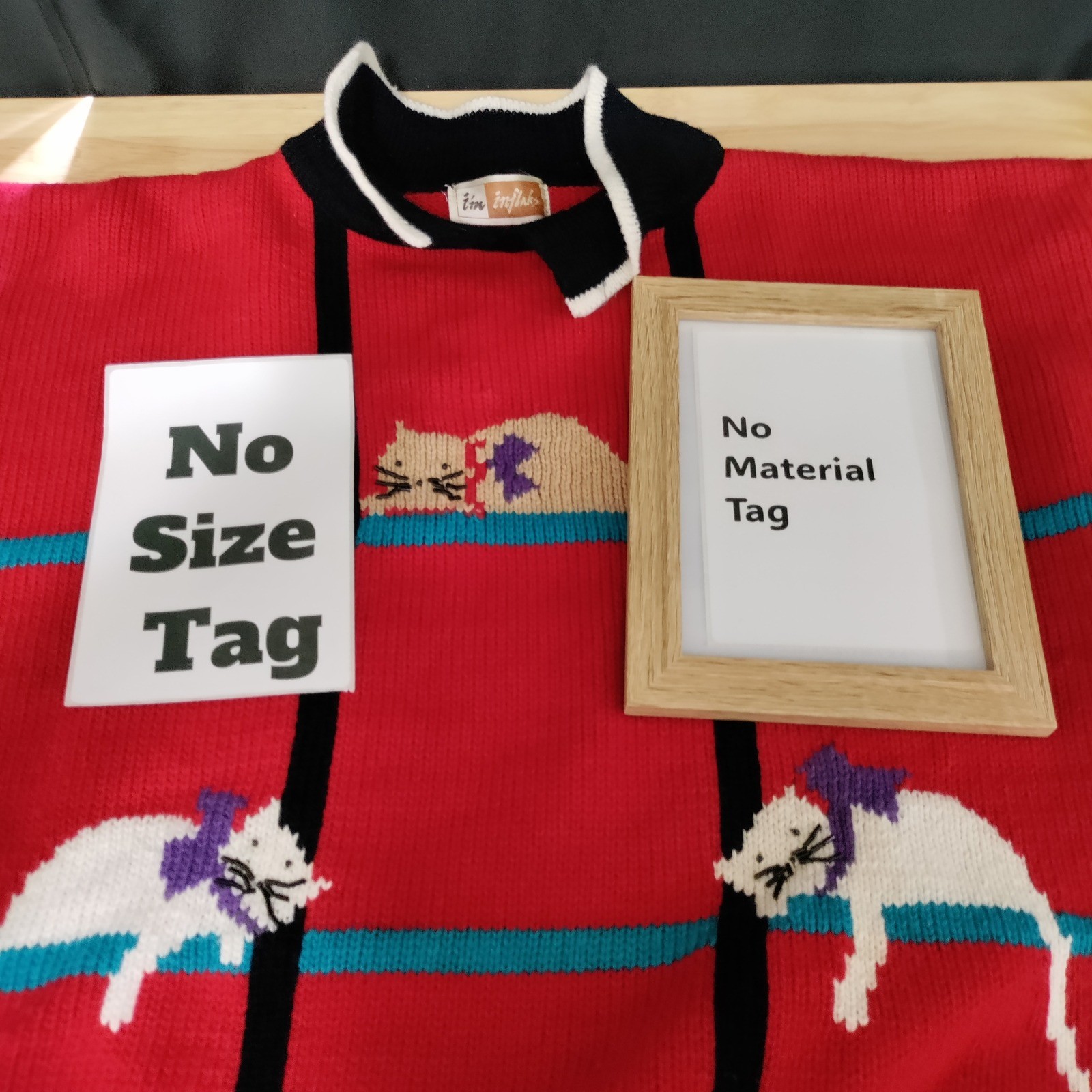 Vintage I’m Inflaks Red Cat Intarsia Knit Sweater Polo Collar Retro 80s 90s