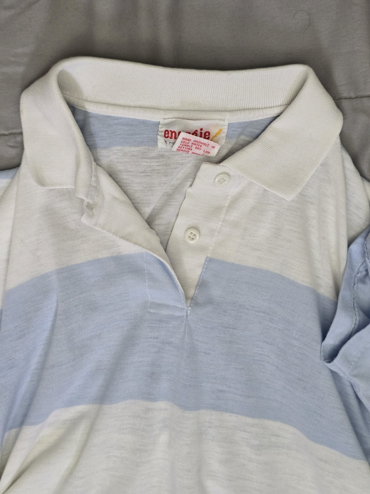 Vintage Energie Blue White Striped Polo Top High Low Hem Size L 80s Preppy