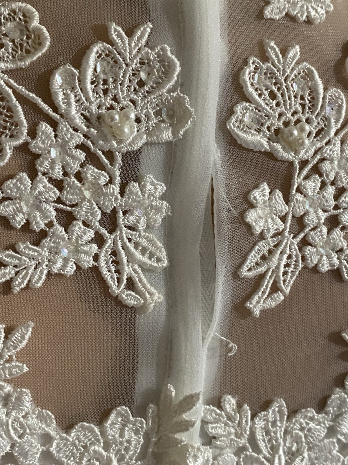 Vintage Lace Pearl Appliqué High Neck Long Sheer Sleeve 1970s Wedding Gown S/M