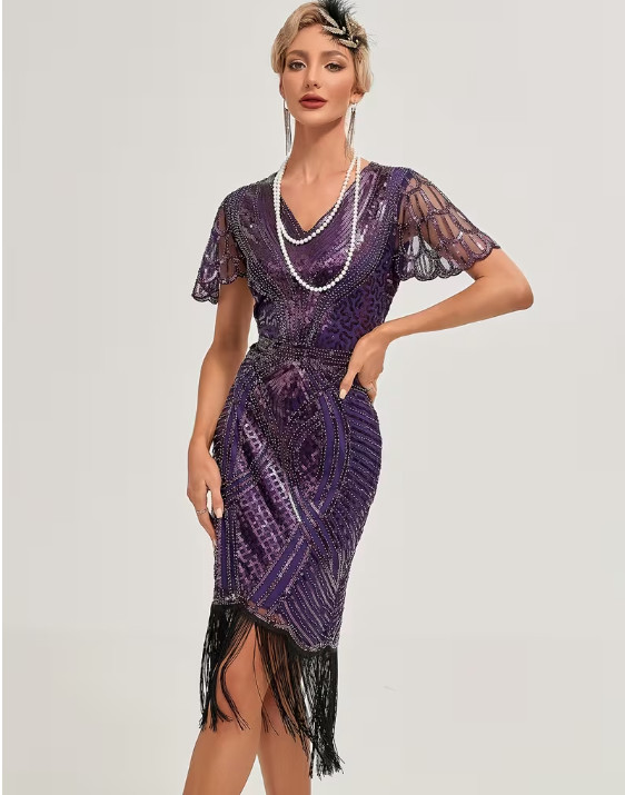 FLAPPER 1920s DRESS-Purple Sequin Fringed Flapper Party Dress, 3 Sizes