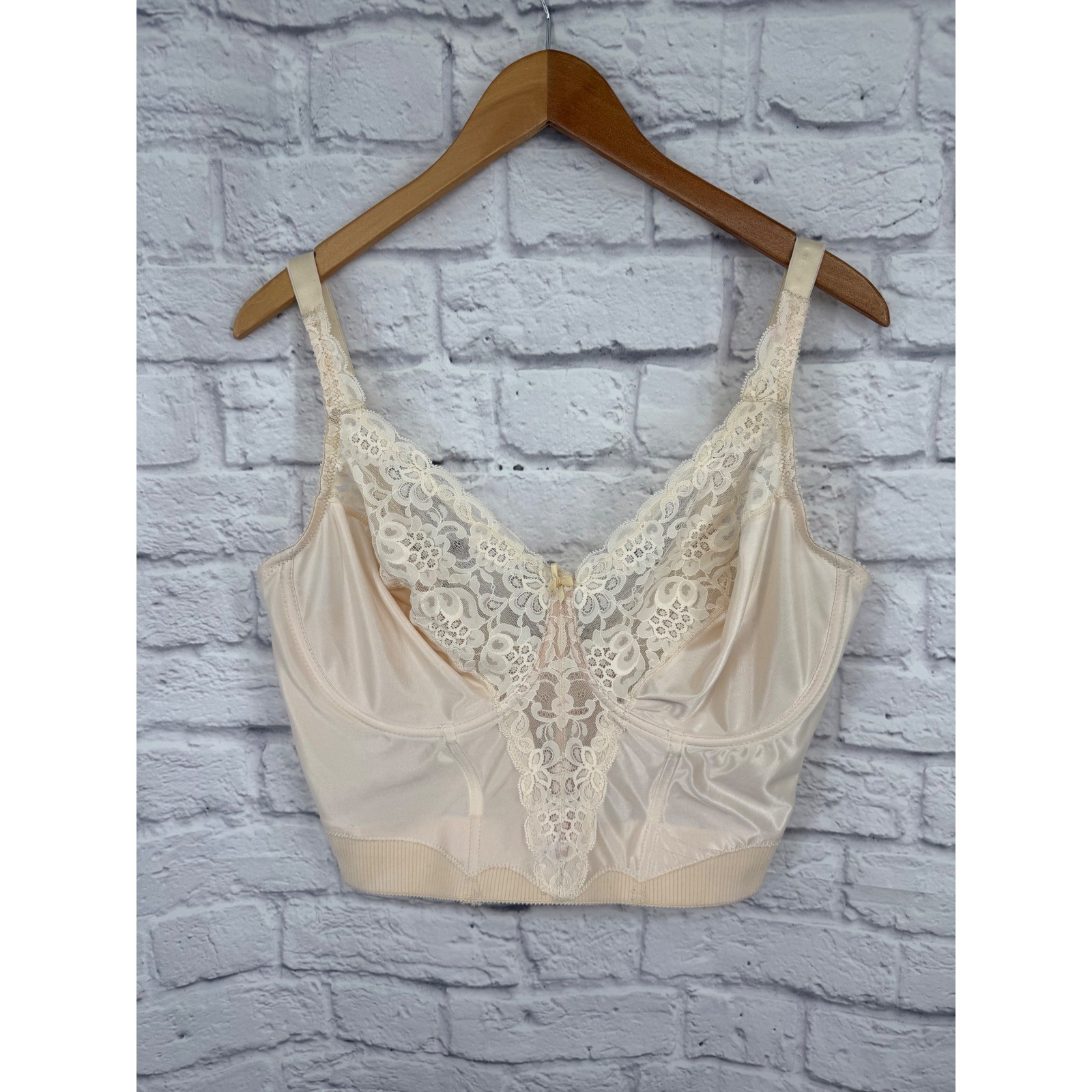 Vintage Va Bien Ivory Satin Lace Longline Bra 42DD Coquette Bridal Bustier