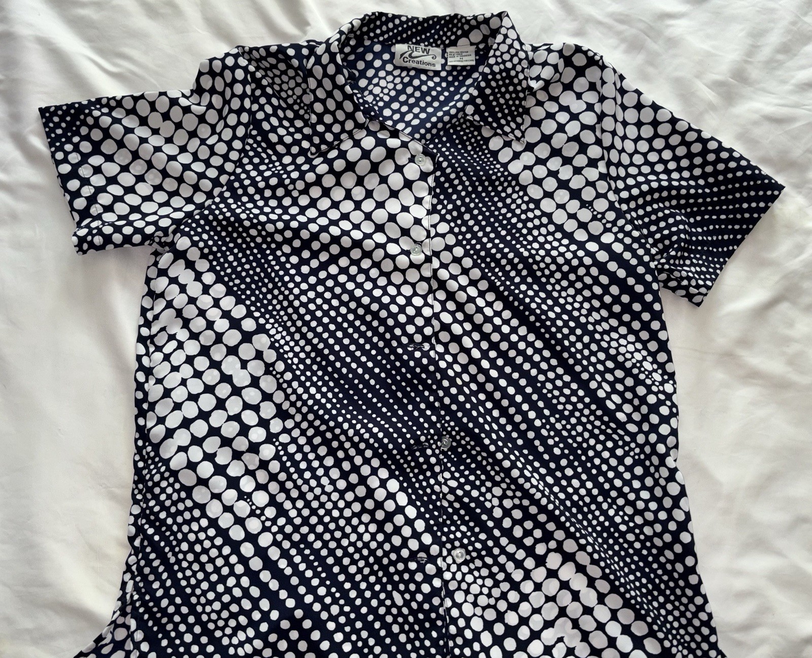 Vintage Dark Blue Polka Dot Blouse White Spots Pinup Shirt Collar Medium Poly