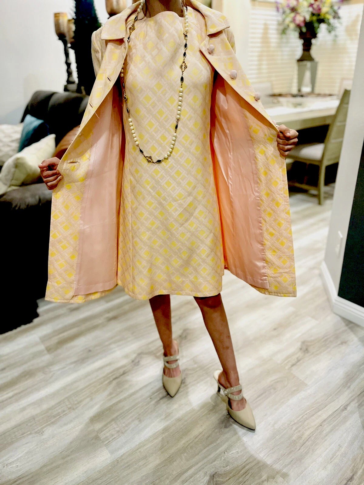 1960’s Pink Yellow Brocade Easter Spring Wedding Union Made Dress Coat Suit Sz 8