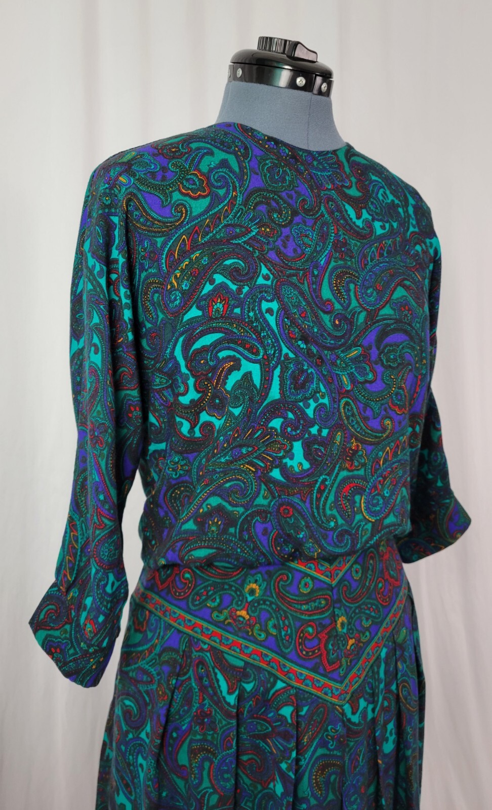Vintage VLP Petites Green & Purple Paisley Blouson Secretary Dress SIze 8