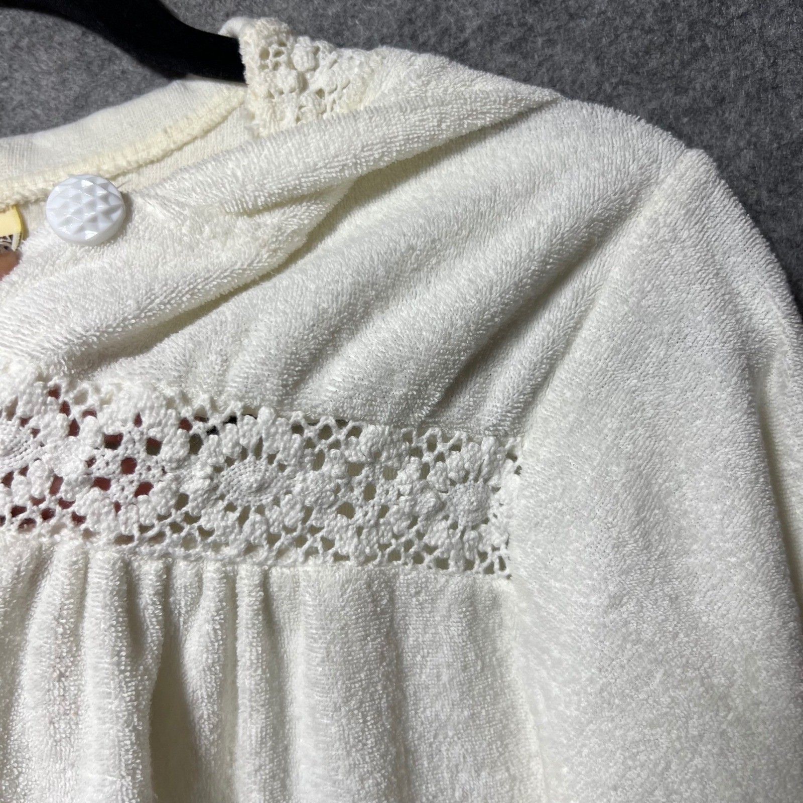 Vintage Sears White Terry Cloth Hooded Cardigan Crochet Lace M Ivory Loungewear
