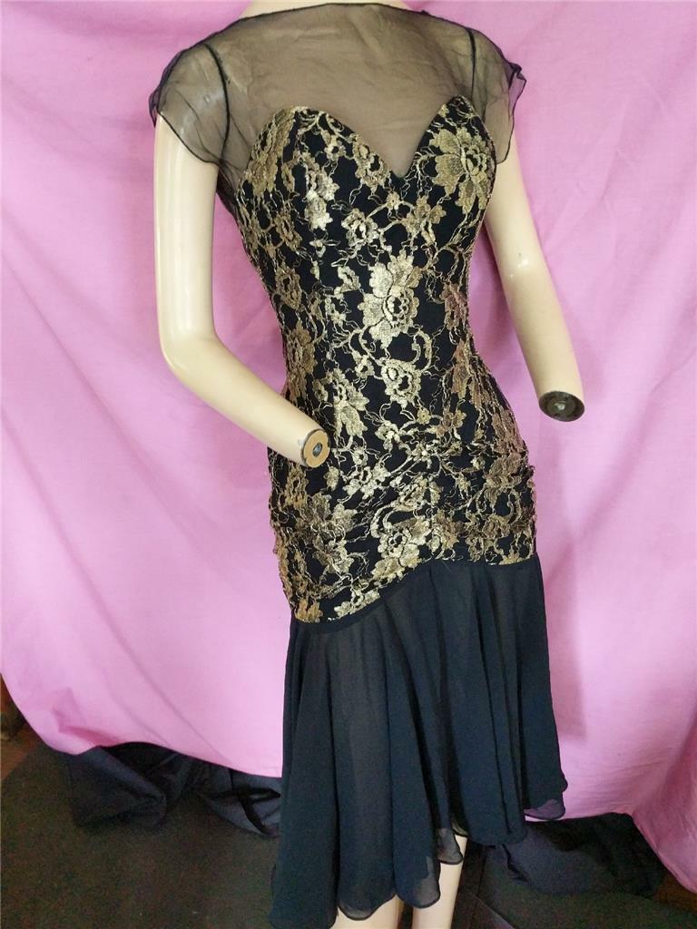 1980’S VINTAGE BLACK CHIFFON & GOLD METALLIC HI LO HEM CASADEI DRESS-34″ BUST