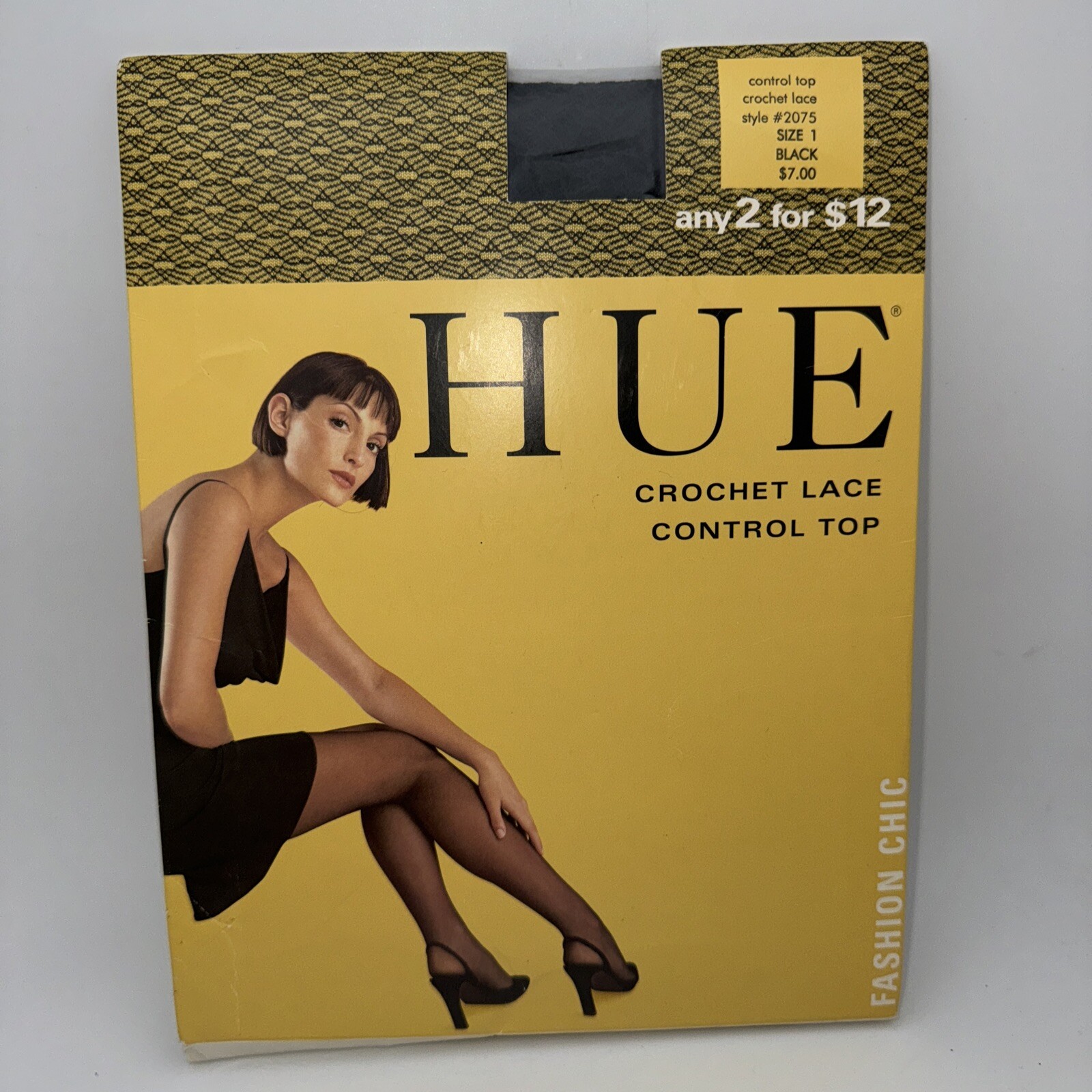 New Hue Control Top Pantyhose Crochet Lace Size 1 Black Free Shipping #2075 GR62