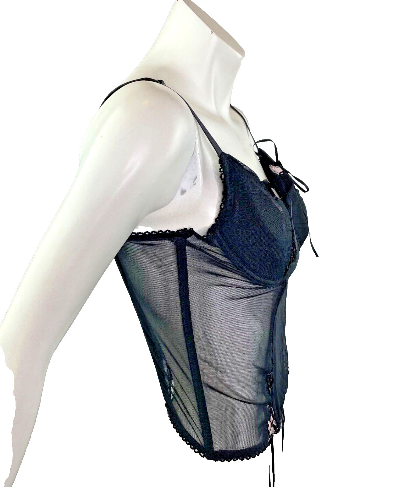 Jolie Intimates Black Semi-Sheer Mesh Lace Boned Bustier Corset Top UW Bra 36C