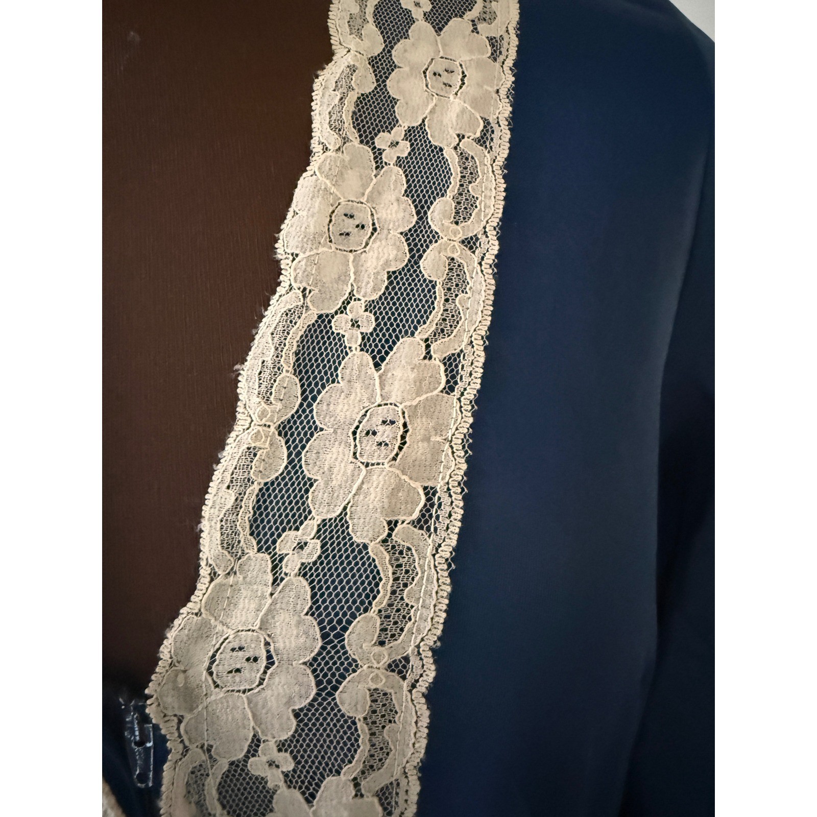 Vintage Navy Satin Lace Trim Maxi Robe Empire Waist Long Sleeve Lingerie Gown