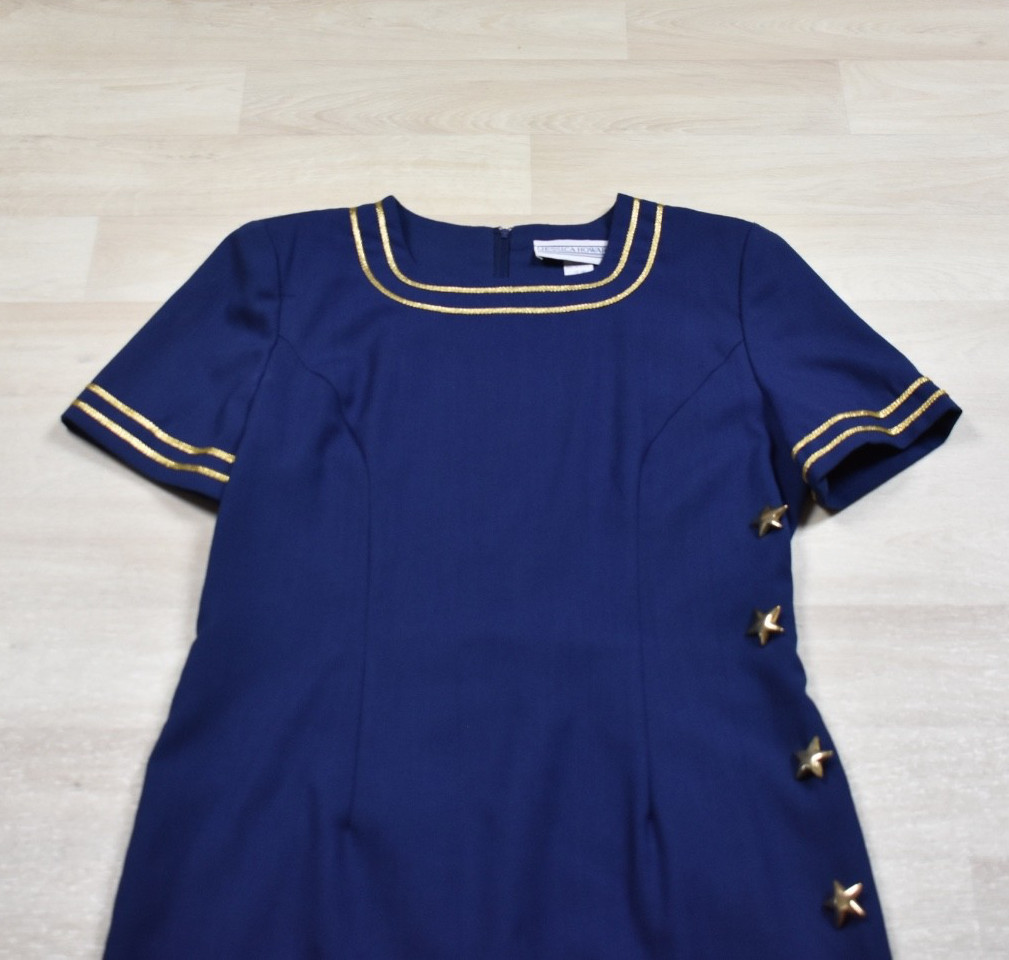 80s Jessica Howard LSheath Dress Navy Blue Gold Stars Americana 14 VTG
