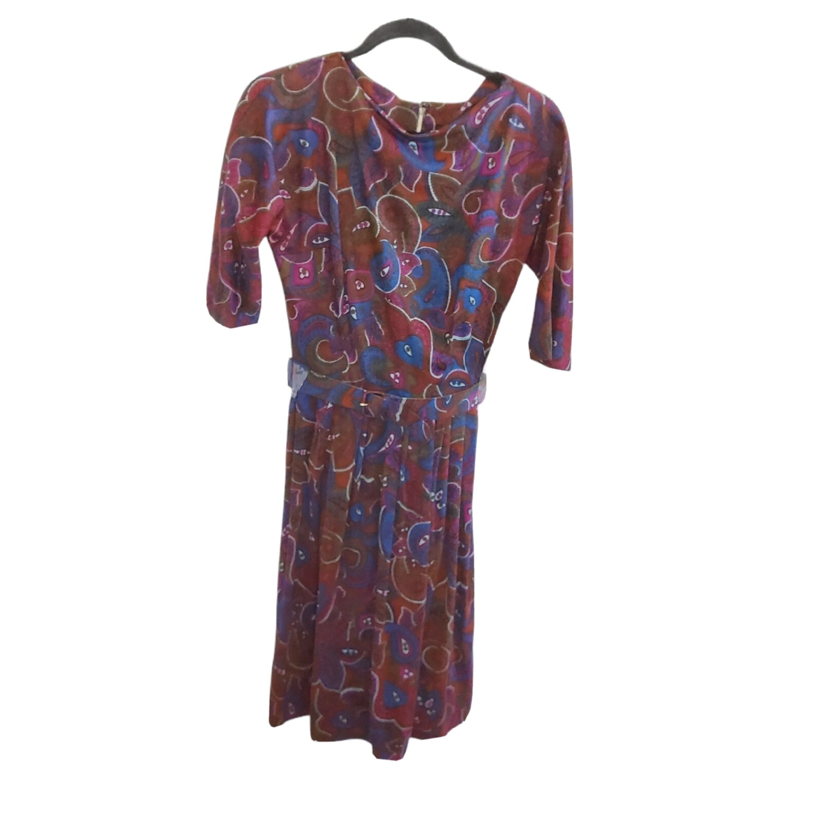 Vintage 40s 50s Mod Paisley Fit & Flare Dress sz Small Brown Belted Knee Length