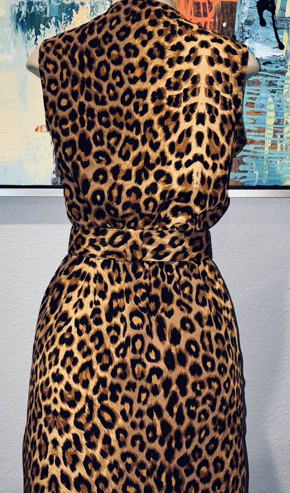 Vtg Studio 1 Leopard Animal Print Belt Sleeveless Shift Midi Dress 6