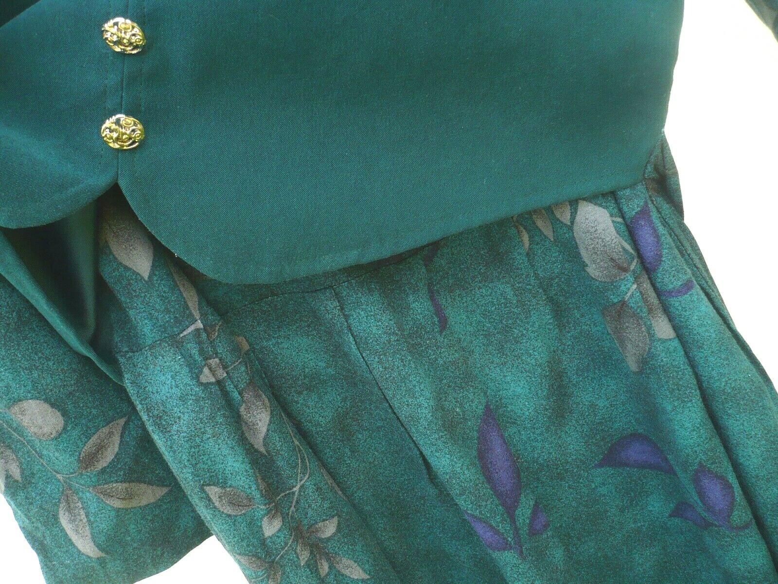 VTG 90S MISS DORBY P M GREEN GRAY PURPLE LEAF PLEAT SECRETARY VEST TEACHER DRESS