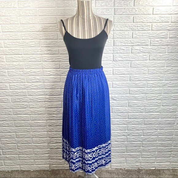 Vintage Andrea Gayle Blue White Pleated Midi Skirt Size 10 Polka Dot Patterned