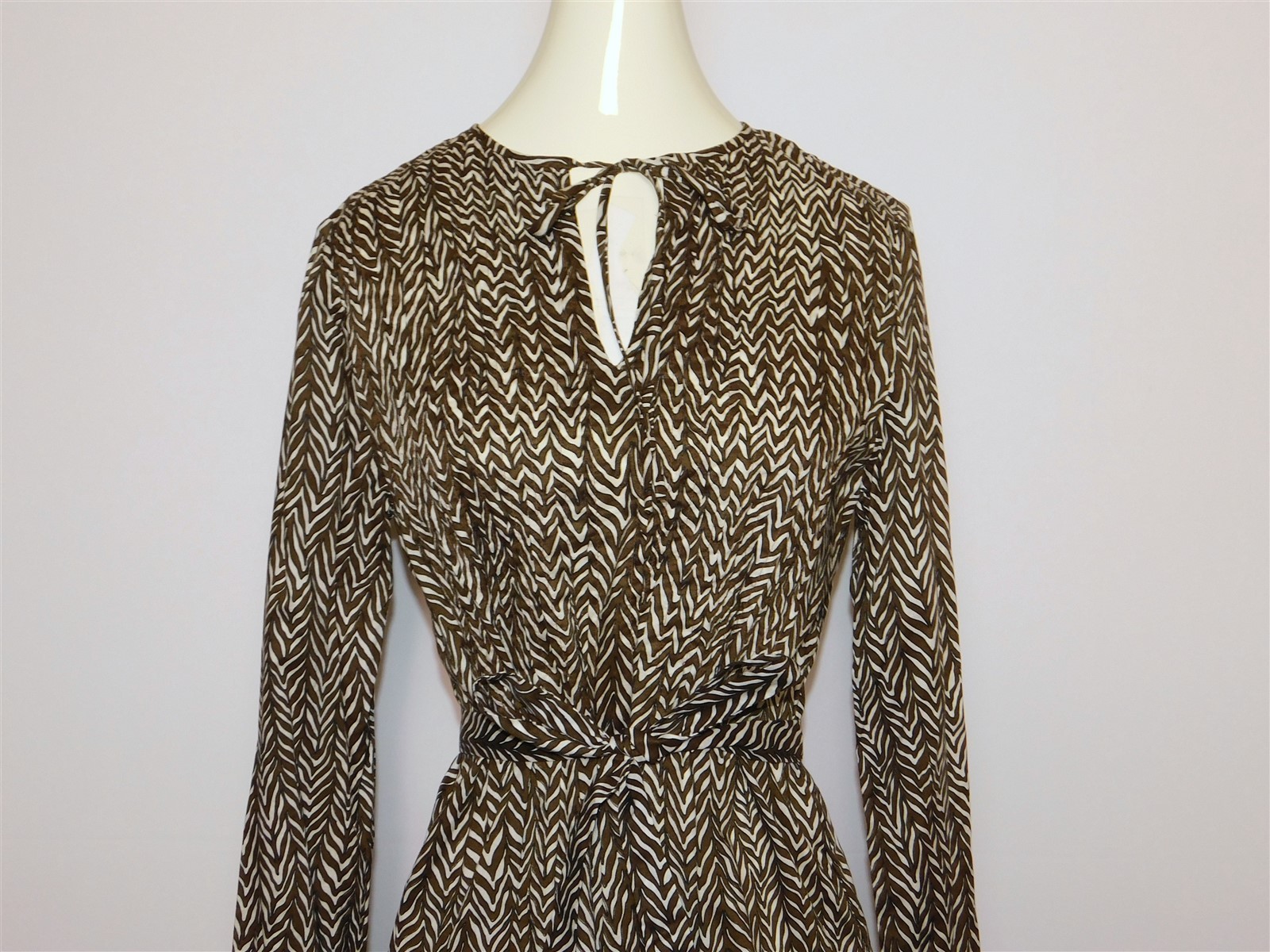 Vtg Womens Stanley Sherman Herringbone Tan Brown Long Sleeve Cotton Dress Sz 12